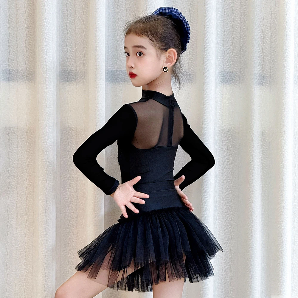 

Kids Girls Latin Dance Long Sleeve Bodysuit and Mesh Skirt Children Ballroom Rumba Dancewear Performance Costumes