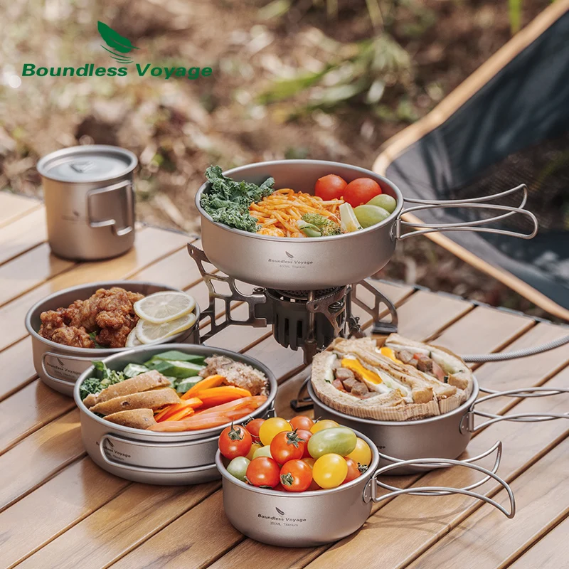 

Boundless Voyage Titanium 5-piece Bowl Pan Set with Folding Handle Outdoor Camping Portable Plate Dish Saucer