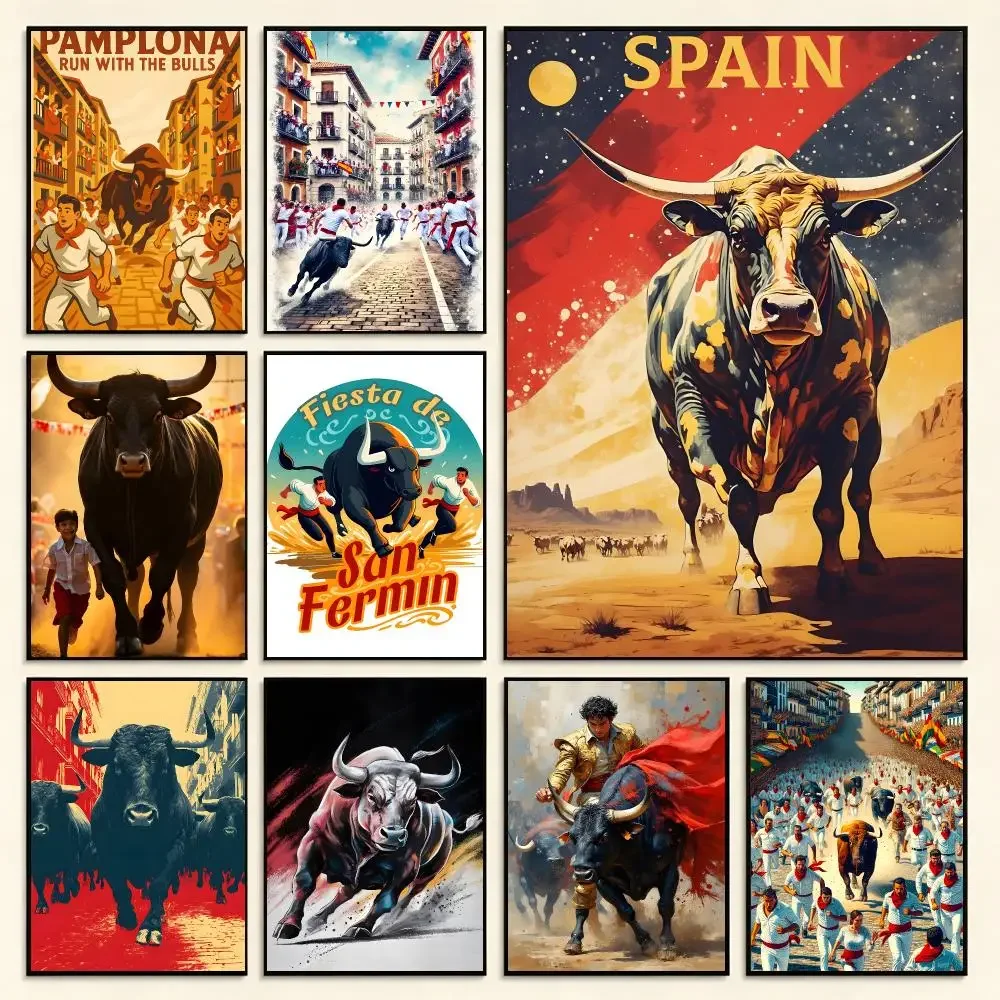 Cultural Event The Running of the Bulls in Spain Poster Digital Solvent Print Waterproof PP Fade-Resistant Wall Art Room Decor