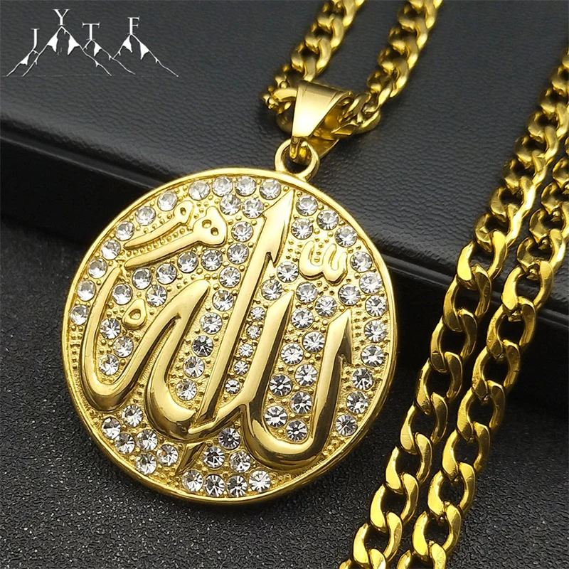 

Islamic Muslim Arabic Quran Rhinestone Men's Necklace Stainless Steel Gold Color Round Medal Allah Amulet Jewelry 7619-8