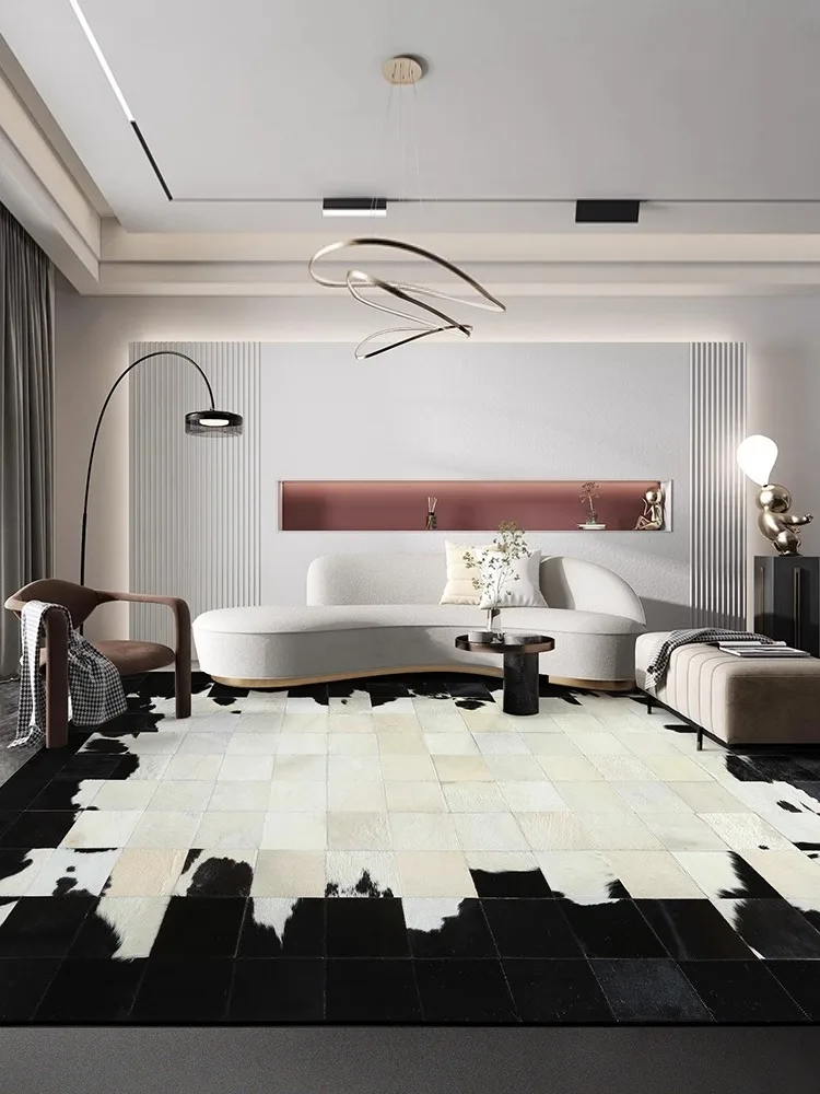 100% Natural Cowhide Carpet Genuine Handmade Cow Leather Fur Living Room Bedroom Rugs American Style Calfskin Black White Mat