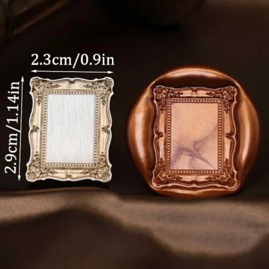 1PCS Wax Seal Stamp Head 1PCS Removable Wooden Handle, 3D Embossed Rectangle Vintage Texture Brass Head Wax Stamp Retro Photo F