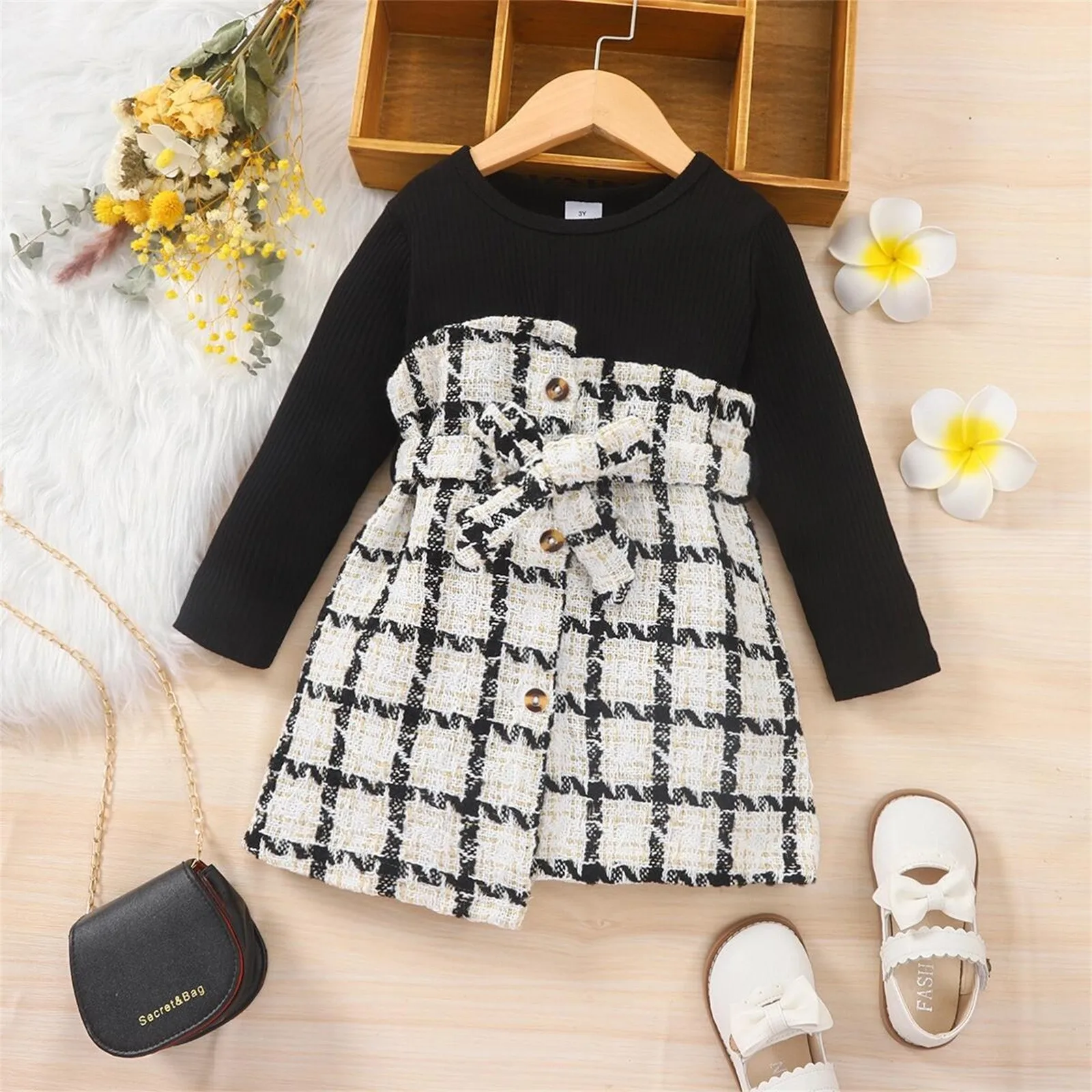 1-6 Years Kids Toddler Baby Girls Autumn Winter Plaid Long Sleeve Dress Bow Tie Princess Dress 2023 New In Kids Party Clothes