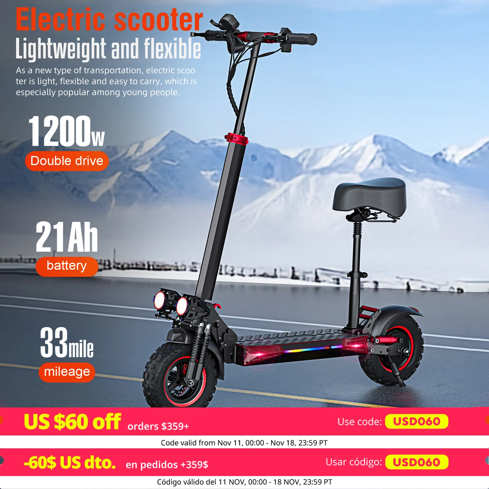 Foldable 1200W Electric Scooter with Seat for Adults, 11'' Off-road Tires, 48V 21Ah Battery, 33Miles Range Commuter E-scooter