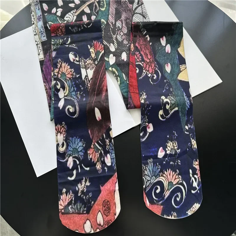 2024 Women\'s Graffiti Printed Tights Butterfly Lattice Seamless Pantyhose Female Sexy Stretch Long Socks High Waist Stockings