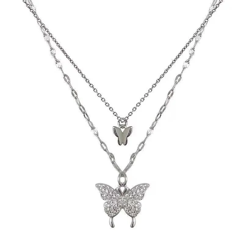 Double-layer butterfly necklace~Flash Diamond 2021 Spring and Summer New Fashion Necklace Women's Ins Korean Versatile Cold Styl