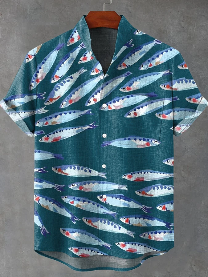 Fashion Men's Casual Sea Life Graphic Short Sleeved Shirts Button Down Lapel Shirts Oversized Tops Casual Hawaiian Shirt for Men