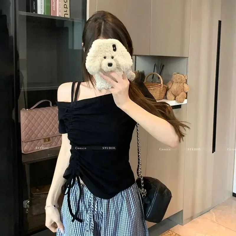 Sweet One shoulder Drawstring Short sleeve T shirt Women Summer Off shoulder Top Elegant Sexy Solid color Cropped Basic Blouse image 6