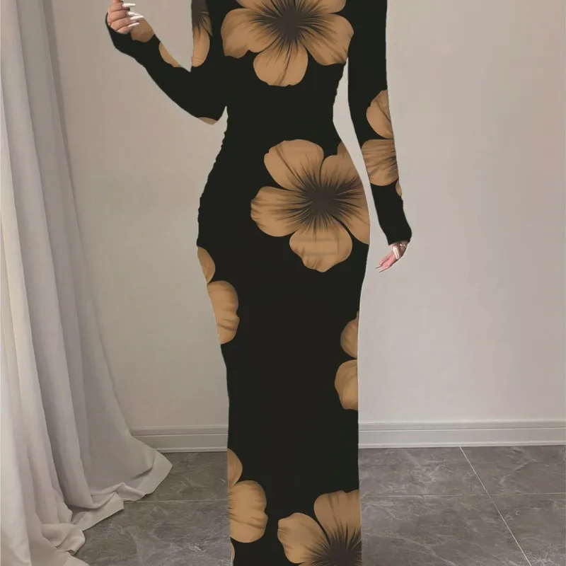 

Fashion Printed Women's Dress New Spring Autumn Slim-Fit Off-the-Shoulder Long Sleeve Maxi Length Dress Vestidos Para Mujer