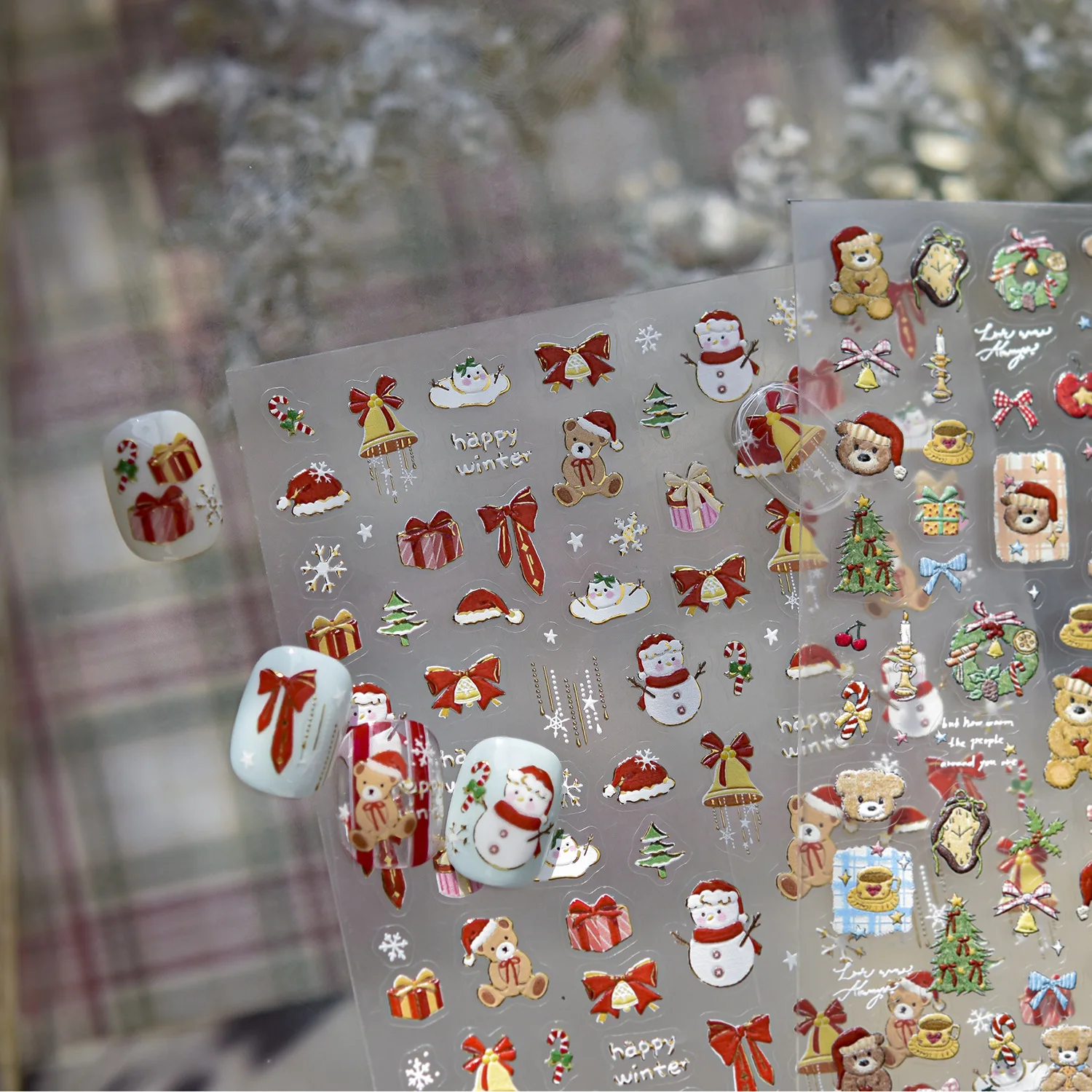 5D Embossed Nail Stickers Winter Red Christmas Bear Self Adhesive Nail Art Stickers DIY New Year Manicure 3D Decorations Decals