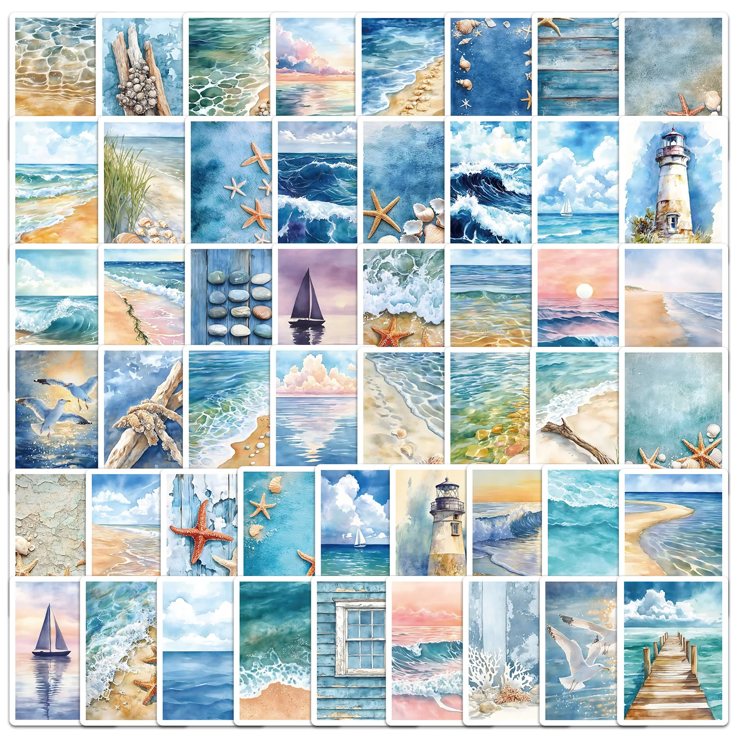 50 PCS Ocean Coast Collage Theme Graffiti Stickers Decorate Luggage Skateboard Thermos Cup Guitar Removable Stationery Decals
