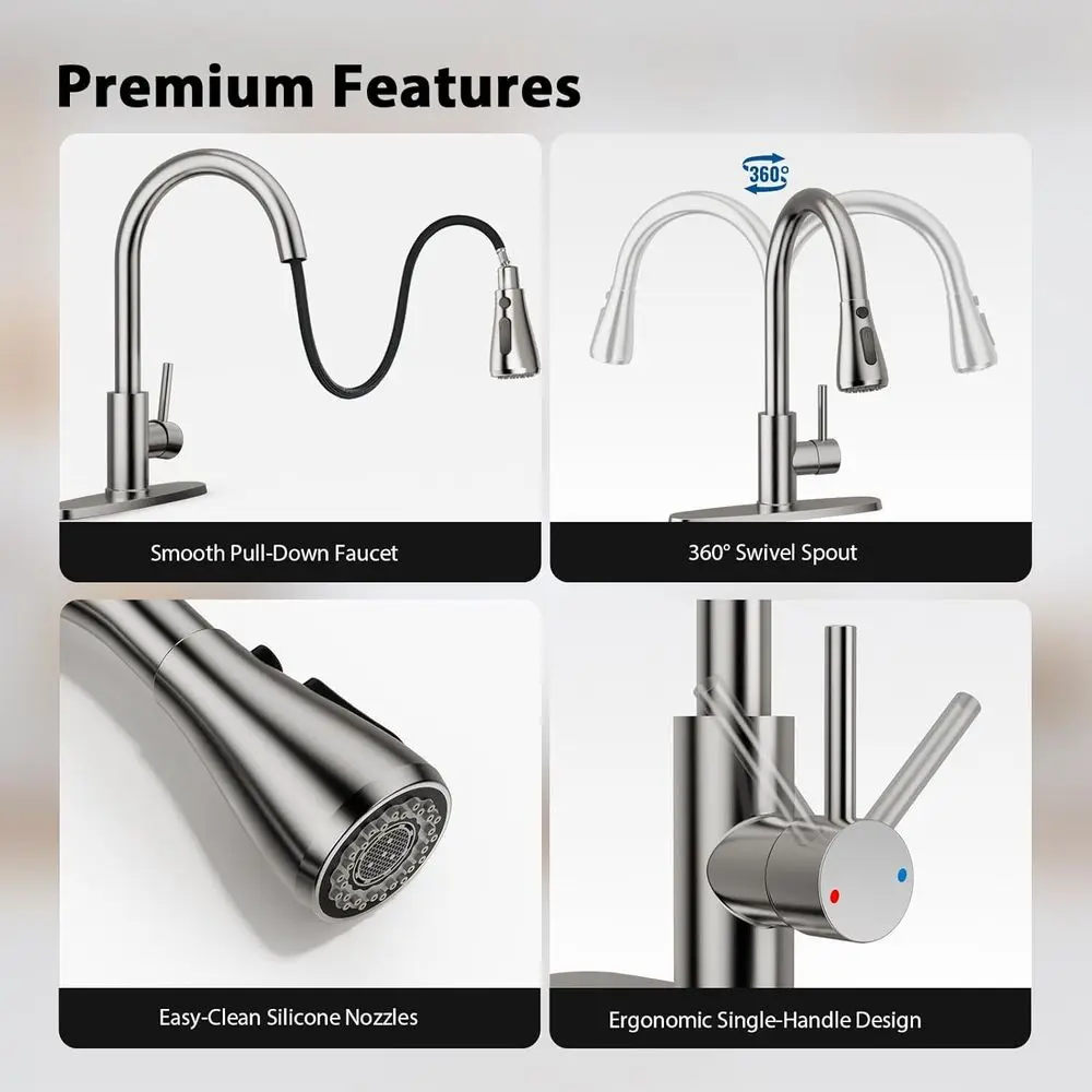 صنبور مطبخ بخاخ قابل للسحب، من الفولاذ المقاوم للصدأ بقوس عالٍ، مقبض واحد لأحواض واحدة أو 3 فتحات، لمسة نهائية من النيكل المصقول، مناسب f
