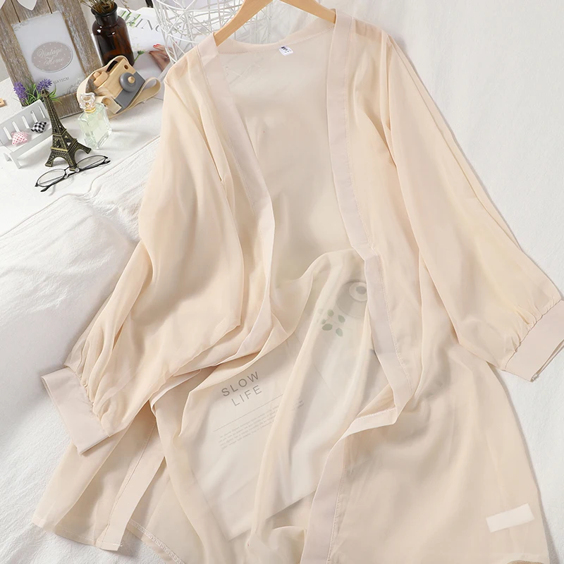 OUMEA Women Summer Solid Color Sheer Chiffon Kimono Long Sleeve Beach Cover Up Cute Transparent Chiffon Cardigans Vintage