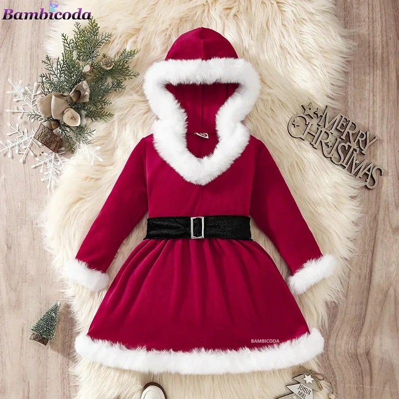 Bebê meninas natal vestidos com capuz papai noel manga longa inverno vermelho festa de natal vestido princesa crianças natal disfraz vestido