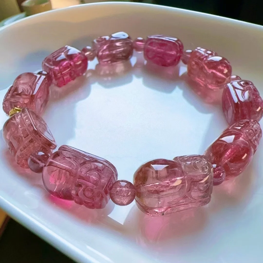 Natural Red Tourmaline Clear Barrel Beads Bracelet Pi Xiu Brazil 15.8/9.6/9.4mm Watermelon Tourmaline For Women Men AAAAAAA