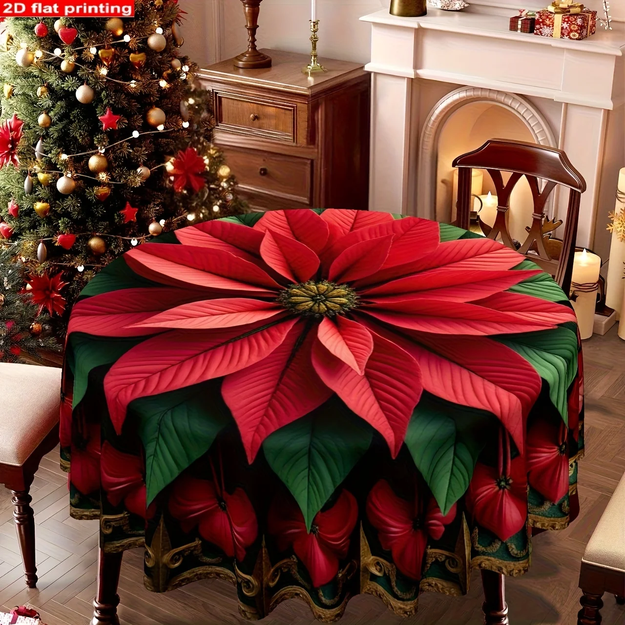 One 2D flat tablecloth, a circular tablecloth featuring Christmas poinsettia flowers, a tablecloth for festive-themed tableware
