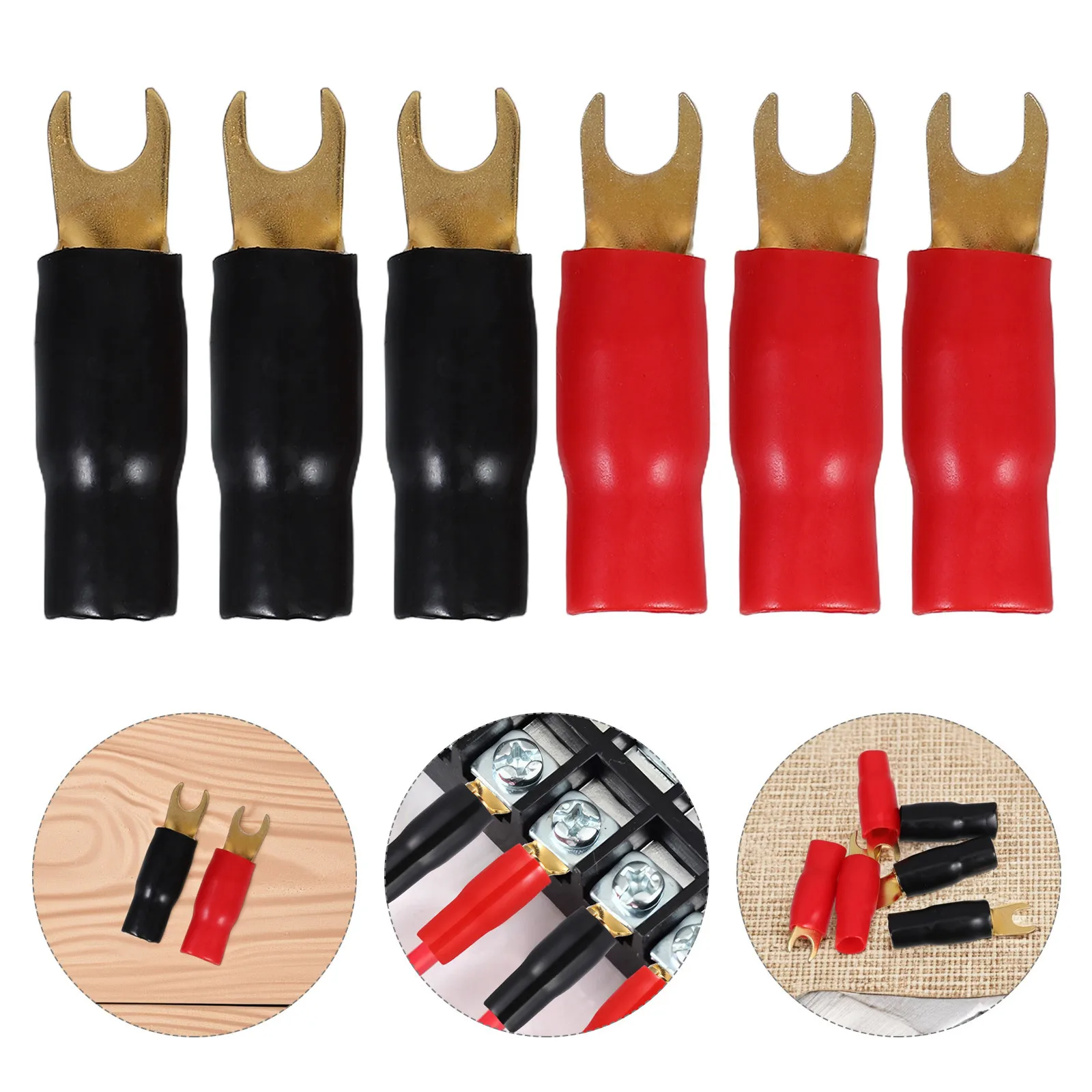 

3pcs 0 Gauge Fork Terminal Crimp Connectors Gold Plated Copper Spade Terminals For Speaker Wire Cable Red Black Heat Tested