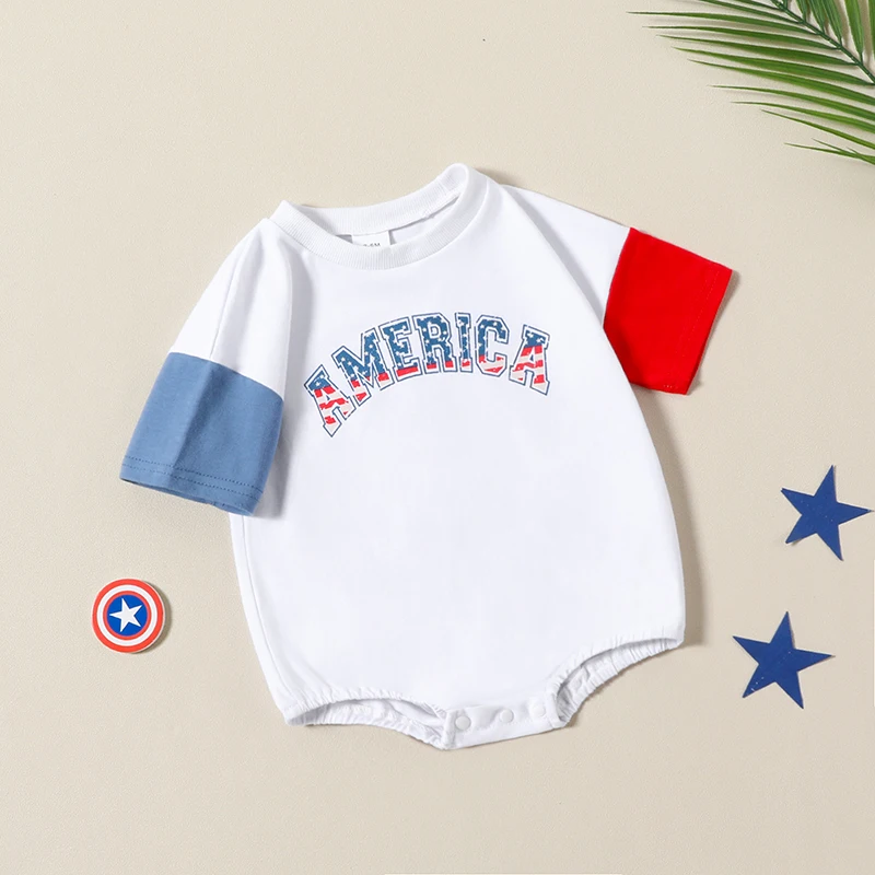 Infant Boy Jumpsuit Patriotic Short Sleeve Round Neck Stars and Stripes Print Romper for Independence Day Celebration