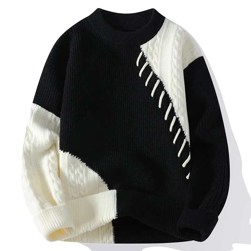 Contrasting Color Crew Neck Pullover Sweater Men's Spring Autumn Winter New Knitted Loose Casual Long-sleeved Bottoming