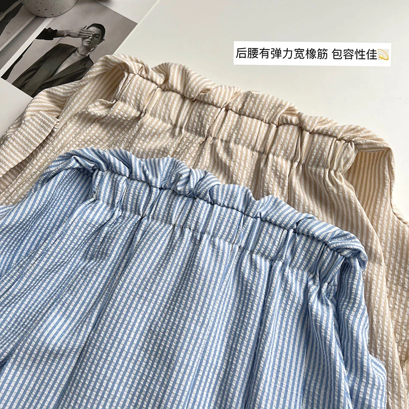 QOERLIN Striped Shirt Dress Women Turn-Down Collar Short Sleeve Elastic Waist Loose A-Line Summer Midi/Mini Dress Girls 2024 New