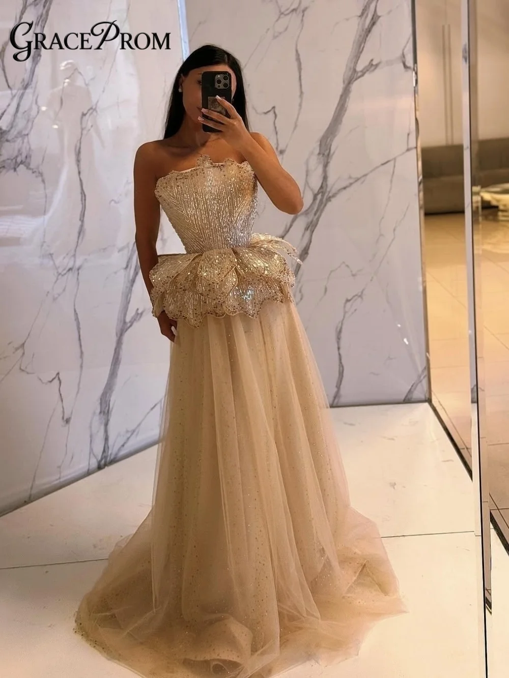 

Luxe Champagne Strapless Beaded Bridesmaid Dress 2026 Glam A Line Tulle Party Dress Evening Gown For Wedding Guests فساتين سهرة