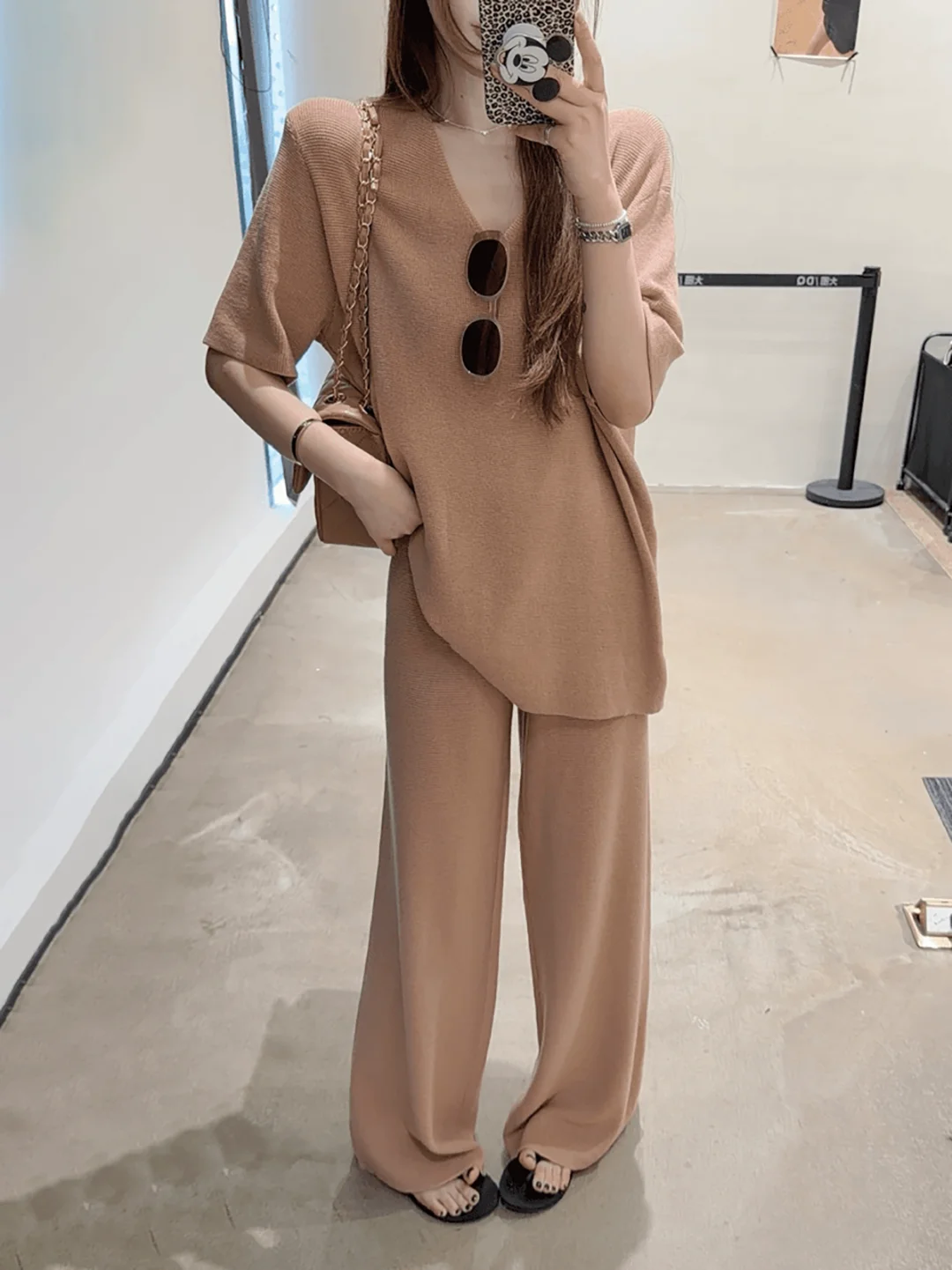 Loose V-Neck Half Sleeve Knitted Sweater Set Women's Casual High Waist Wide Leg Pants Two-Piece Spring Summer Fashion Ensemble