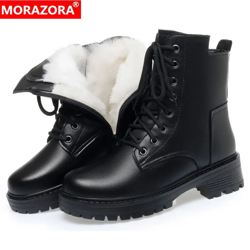 

MORAZORA Size 35-43 New Nature Wool Warm Winter Boots Women Lace Mid Heels Ankle Boots Split Leather Thick Fur Snow Boots