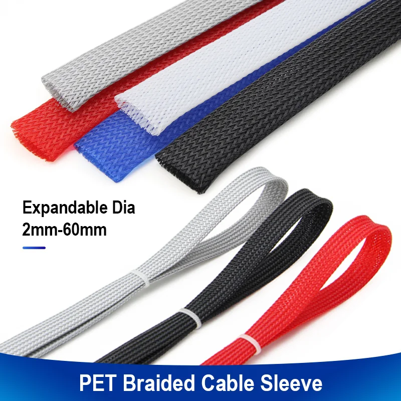 PET Cable Sleeve Expandable 2mm - 60mm Insulated Braided Sleeving Data Line Protection Flame-Retardant Wire Wrap Sheath 2/5/10m