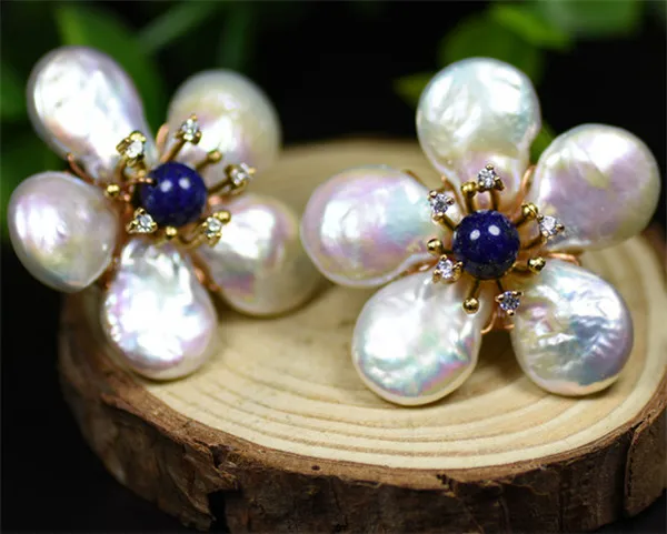 

HABITOO 925 Silver Stud Earrings Natural Freshwater Petal Pearl Lapis Handmade Earrings Ladies Pearl Earrings Gift for Women