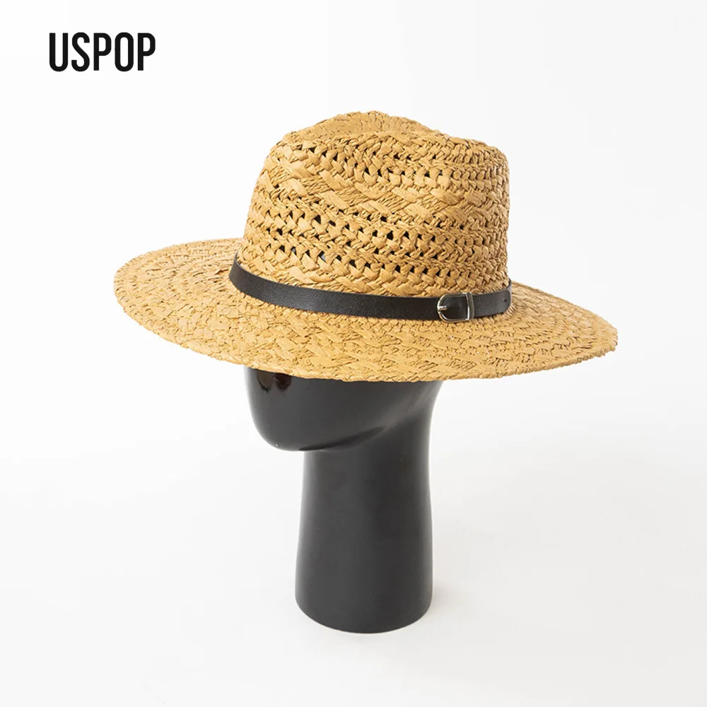 USPOP Spring Summer Women Handmade Paper Straw Fedora Hat with Belt Detail Wide Brim Sun Hat