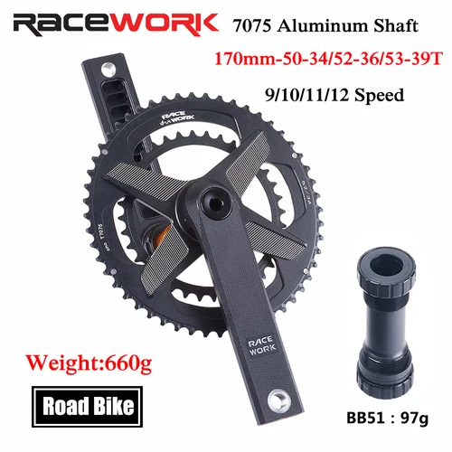 Imagen 1 del producto RACEWORK-platos y bielas para bicicleta de carretera, juego de bielas de 170mm, manivela de 50-34T/52-36T/53-39T, eje de aleación de aluminio, plato doble
