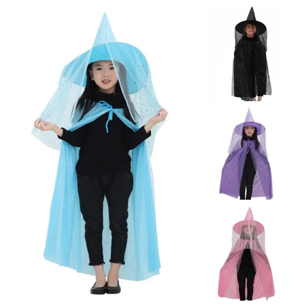 Jubah Halloween Dua Lapis Manis dengan Topi, Jubah Kostum Anak Halloween Berbahan Jala Bintang, Set Jubah Cosplay dengan Topi untuk Pertunjukan