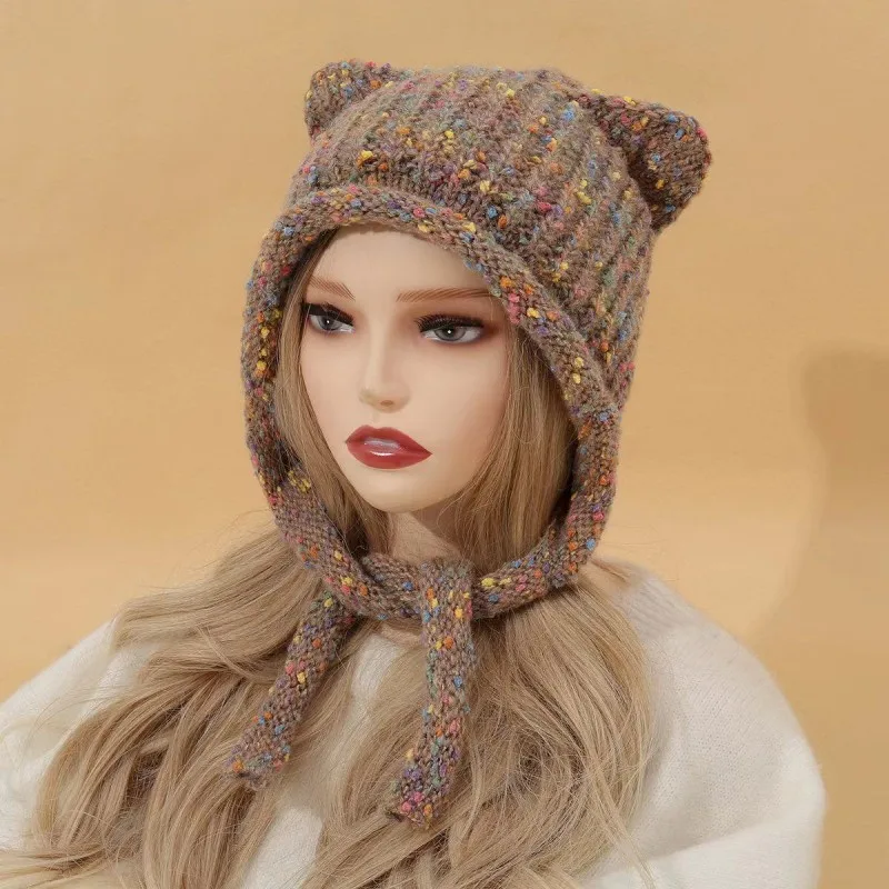 Cute Knitted Cat Ear Hat Y2K Fashion Crochet Ear Protector Wool Cap Women Winter Warm Pullover Cap Girl Wrap Head Bonnet Beanies