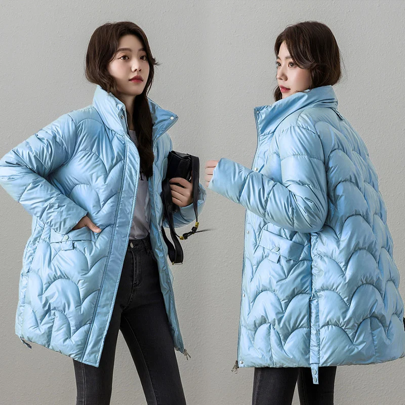 

Scale Fish Bright Surface Mid-Length Cotton Coat Women's Winter New Korean Thick Cotton-Padded Jacket Tide Parkas