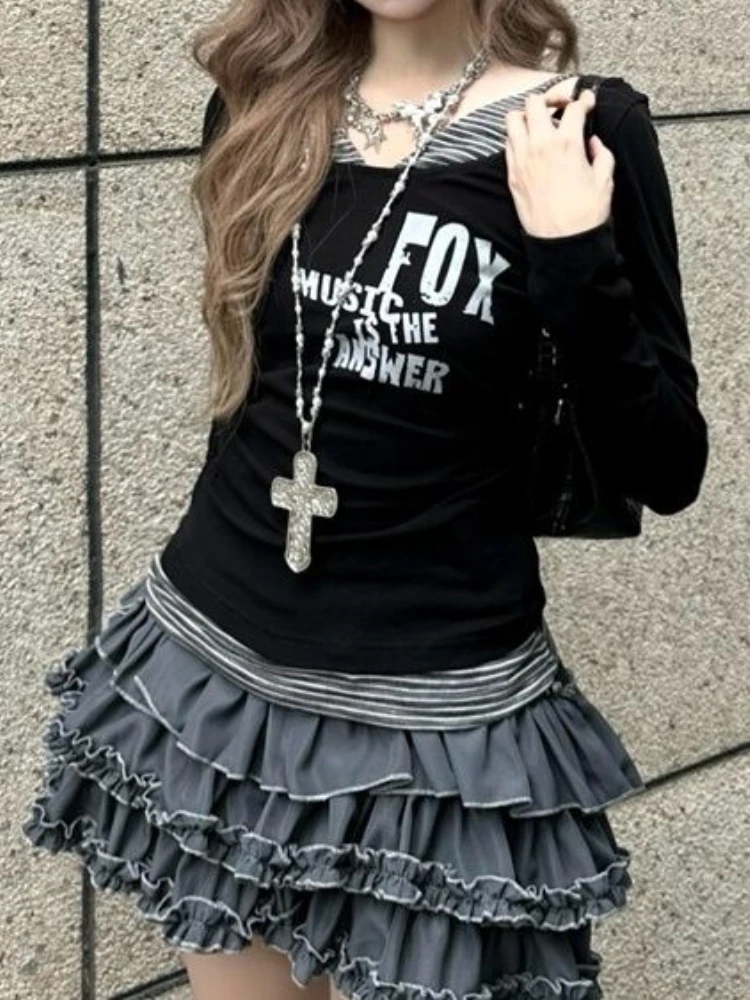 

Aesthetic Fake Two Piece Long Sleeved Tees Women Fashion Letter Print Punk T-shirt Spring Japanese Babes Skinny Gothic Tops Y2k