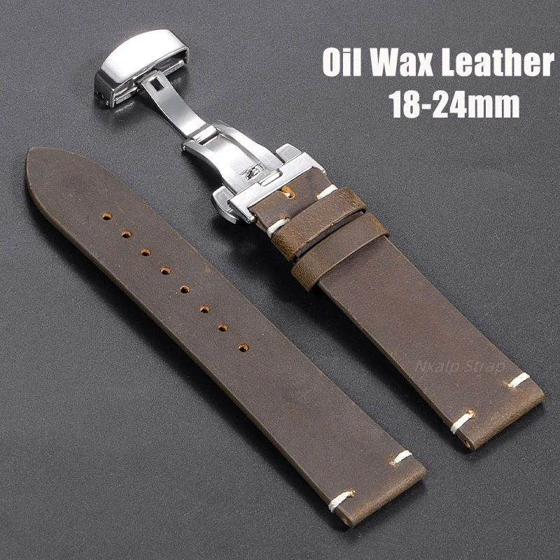 Handmade Stitching Cowhide Watch Band 18/20/21/22/24mm Oil Wax Vintage Leather Strap for Omega for Seiko Band Butterfly Buckle