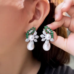 CWWZircons Symmetrical Leaf Shape Green Cubic Zirconia Long Big Water Drop Dangle Pearl Wedding Banquet Party Earrings CZ950