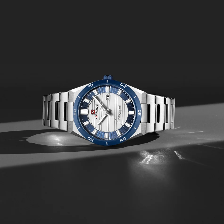 NAVIFORCE 3ATM Waterproof Simple Stainless Steel Men's Wristwatch Fashion with Night Glow Pointer Calendar Display Male Clock