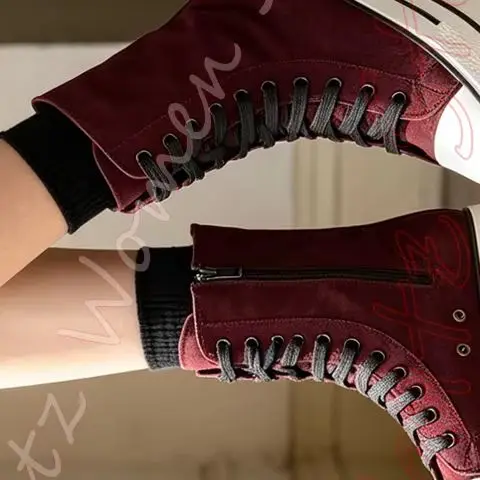 Canvas Platform Ankle Boots Leather Women Lace Up Side Zipper Sole Round Toe Alt Punk Streetwear Daily Footwear Solid Color Sexy