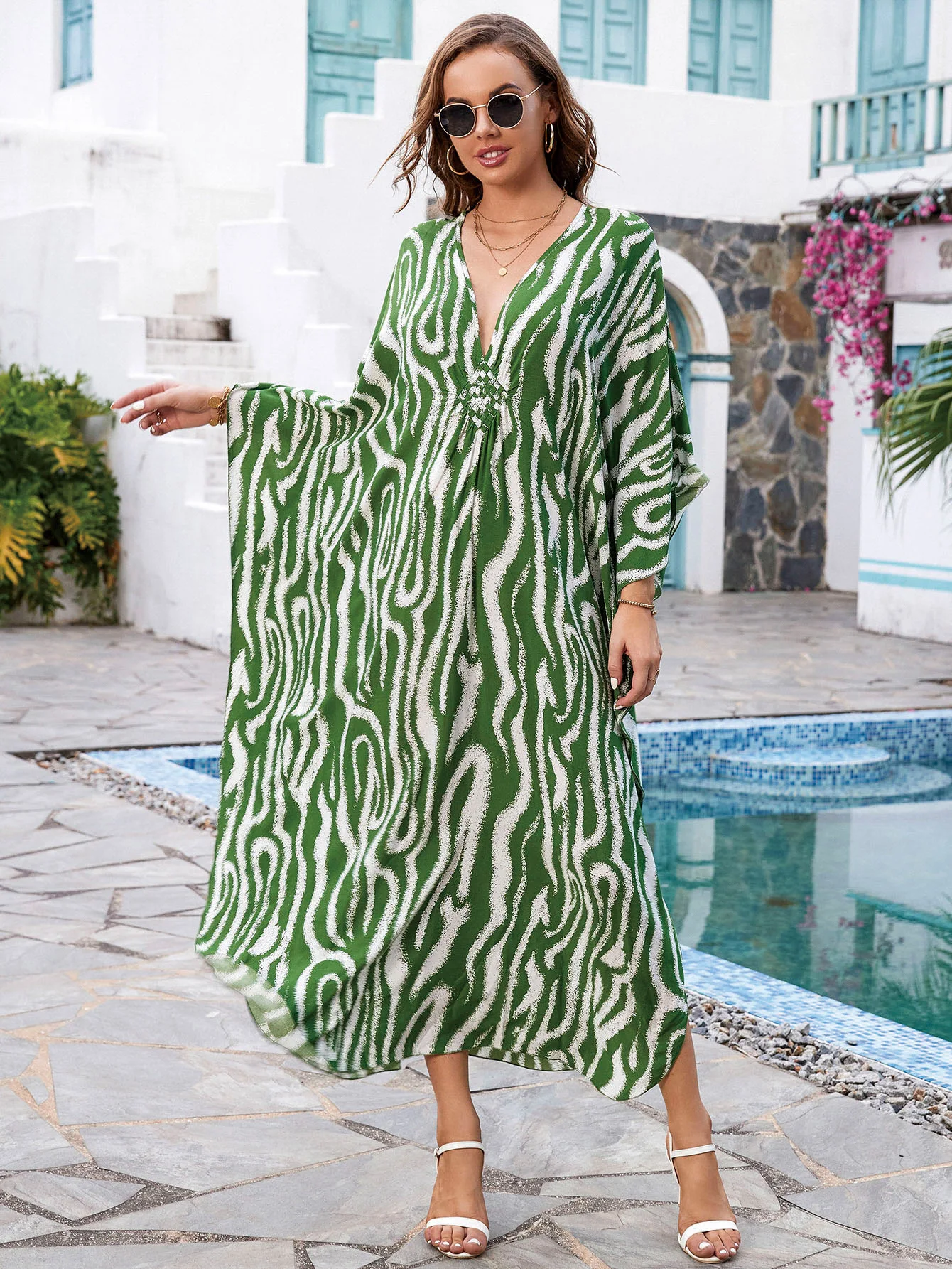 المرأة مثير فتحة رقبة على شكل V بوهو مخطط بيكيني التستر ، فضفاض ، بوهيمي ، عطلة ، عطلة ، قفطان ، ثوب سباحة طويل ، فستان شاطئ