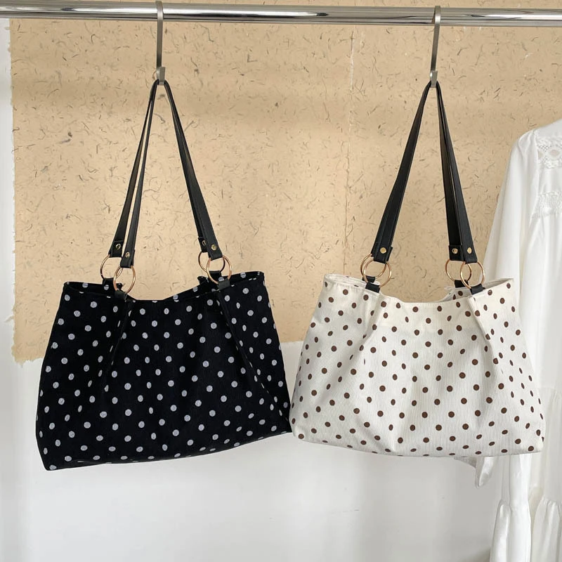 Canvas-Umhängetasche mit Polka-Dot-Print, Damen-Shopper mit großer Kapazität, koreanische Nischen-Handtasche mit vielseitiger Magnetschnalle – Detail 1