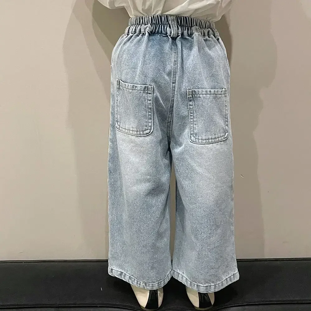 2023 wide leg pants jeans elastic waist ankle length loose straight cotton clean solid soft comfortable new korean children girl