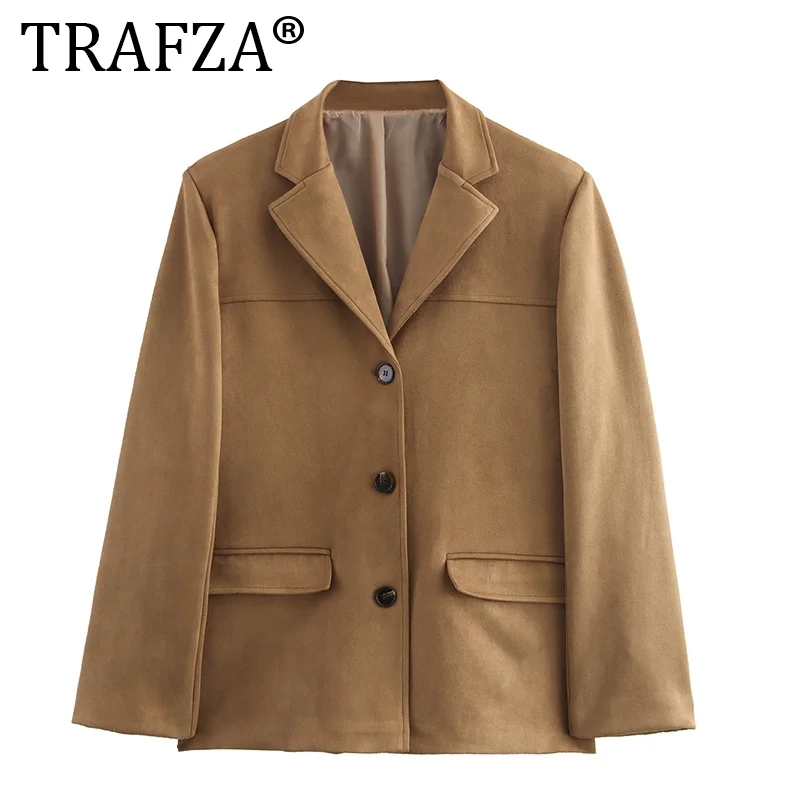 TRAFZA Suede Blazer Woman 2024 Atumn Jacket Single-Breasted Fitting Blazer Women Streetwear Casual Woman Blazers Coat