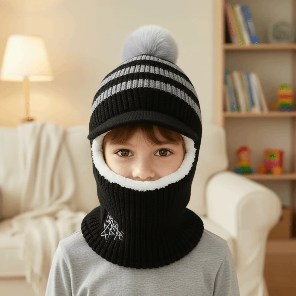 

Лыжная термобелье 2 в 1, толстая вязаная шапка, легкая защитная шапка для ушей, Балаклава с помпоном на флисовой подкладке, теплая шапка для шеи, уличная шапка