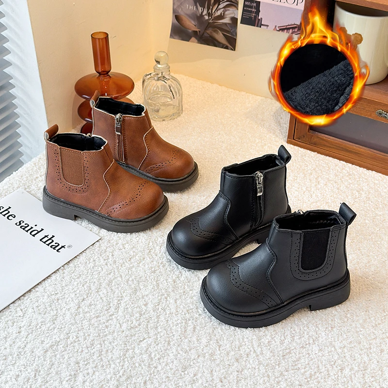 

Girls Fashion Leather Boots Children Ankle Boots Non-slip Classic Britain Kids Fashion Short Boots Side Zipper Autumn Winter