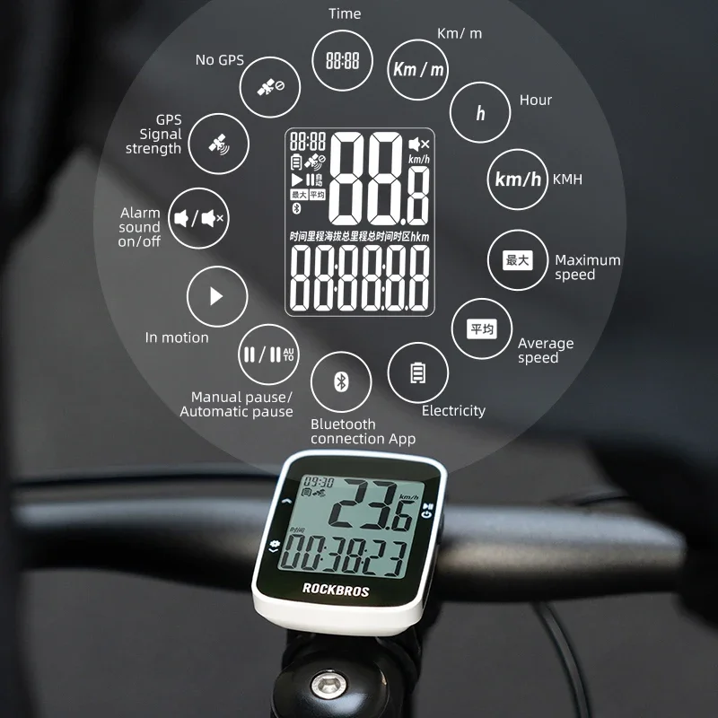 ROCKBROS GPS Bike Computer Waterproof USB Charging Cycle Wireless Speedometer Bicycle Digital Stopwatch English Version