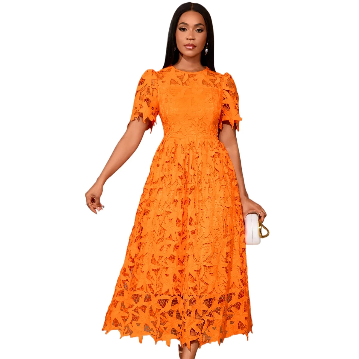 

Модное элегантное платье для вечеринки с круглым вырезом, кружевными вставками, длиной до колен и короткими рукавами.