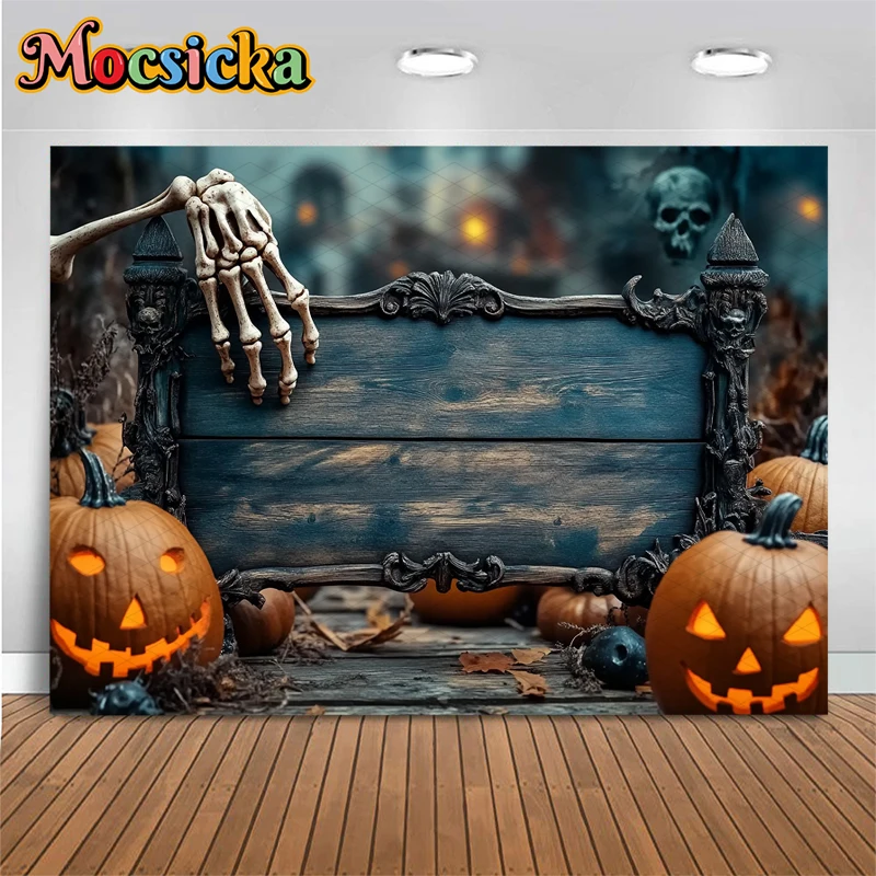 Mocsicka ハロウィン写真背景撮影プロップカスタマイズされた木板スケルトンジャックオーランタンパーティー装飾背景写真撮影