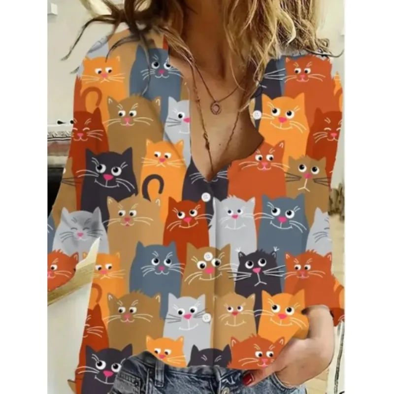 2024 Women\'s Shirt Cat 3D Digital Printing Cute Style Fashionable Casual Trend Lapel Long-Sleeved Cardigan Blouses Femme Blusas