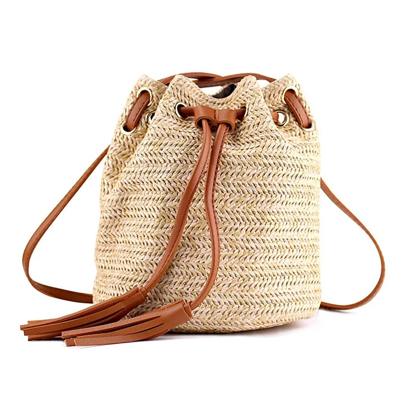 

2X Shoulder Bag Ladies Fabric Summer Beach Bags With Tassels Weaving Crossbody Bag Women Weaving Handbag, Brown